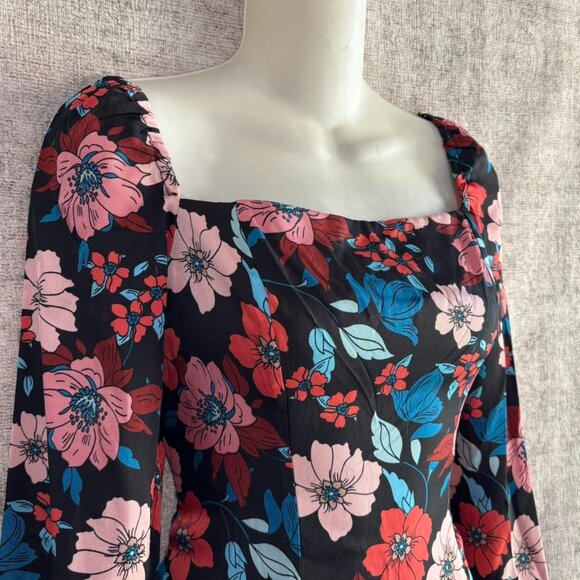 Black Floral Mini Dress M Long Sleeve Square Neck Ruffle Hem Cottagecore Chic - Picture 3 of 6